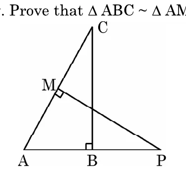 A figure with the points A, B and P on a horizontal line and C above B. The segment CP is drawn through a point M, with the right angles at B and at M marked.
