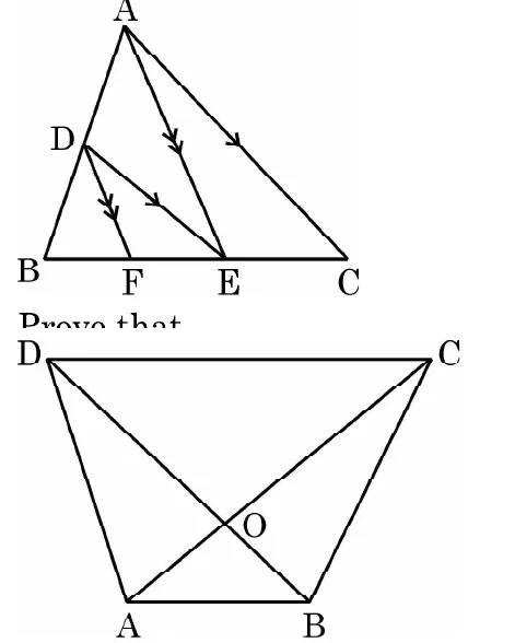 Two figures. First, a triangle ABC with the line AE from A to E on BC, the line DE parallel to AC from D on AB, and the line DF parallel to AE from D to F on BC. Second, a quadrilateral ABCD with its diagonals crossing at O, drawn with the short side AB at the bottom and DC at the top.