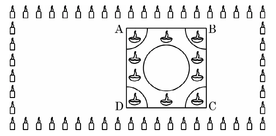 A rangoli design: a square ABCD with a quadrant of a circle at each corner holding diyas and a circle in the middle, with a row of lit lamps around the outside.