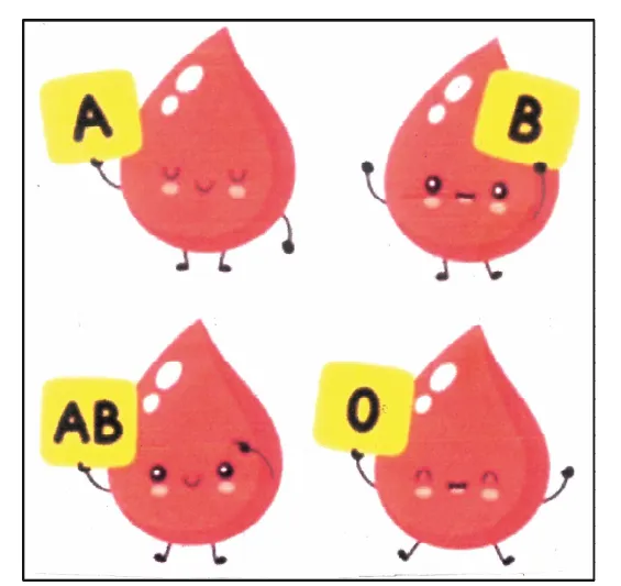 Four cartoon red blood drops, each holding a sign: A, B, AB and O.