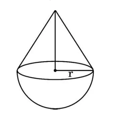 A solid made of a cone sitting on top of a hemisphere, with the radius r marked on the circular base where they meet.