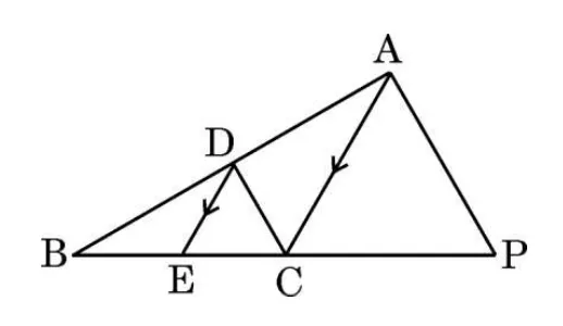 A triangle with B on the left, P on the right and A at the top. C and E lie on BP with E between B and C, D lies on AB, and the segments DE, DC and AC are drawn with arrows showing DE parallel to AC.