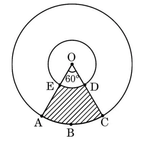 Two concentric circles with centre O. A 60 degree angle at O cuts the small circle at E and D and the large circle at A and C. The region between the two arcs, from the small circle out to the large one, is shaded with lines.