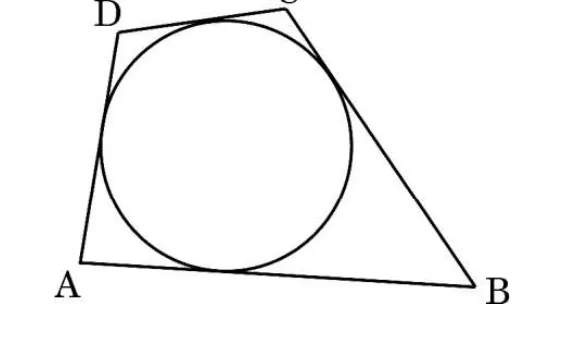A quadrilateral ABCD drawn around a circle so that all four sides touch it, with D and C at the top, A at the bottom left and B at the right.