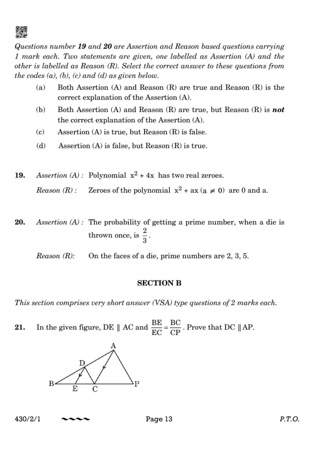 Section B of the CBSE Class 10 Maths Basic 2023 paper, set 430/2/1