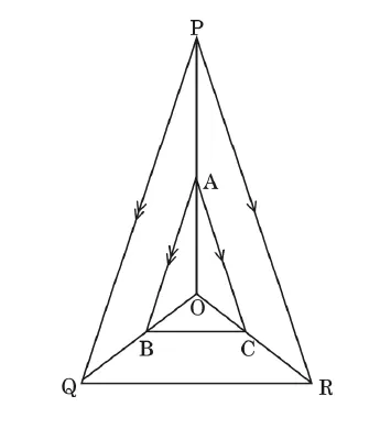 A tall triangle PQR with a point O inside it. A, B and C lie on the lines OP, OQ and OR, with arrows showing AB parallel to PQ and AC parallel to PR.