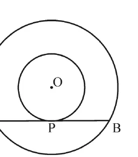 Two concentric circles with centre O, radii 3 and 5. A chord AB of the big circle touches the small circle at P directly below O.