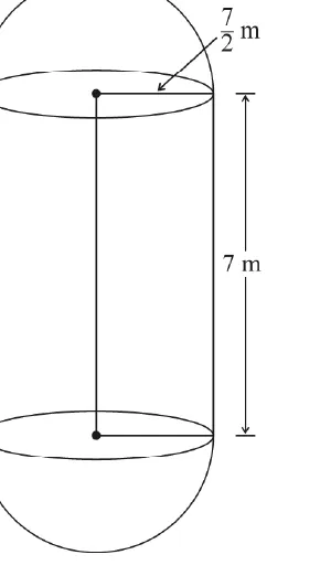 A boiler drawn as a cylinder with a hemisphere on each end. The length of the cylinder is marked 7 m and the radius 7 over 2 m.