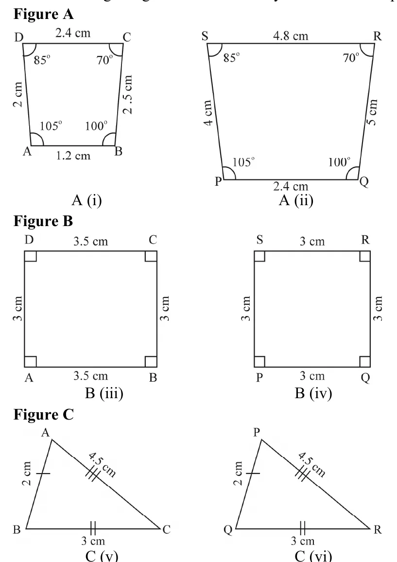 Three pairs of figures. Figure A: two quadrilaterals with the same angles, 85, 70, 105 and 100 degrees, the second with double the sides. Figure B: two squares, one of side 3.5 cm and one of side 3 cm. Figure C: two triangles with sides 2 cm, 3 cm and 4.5 cm.