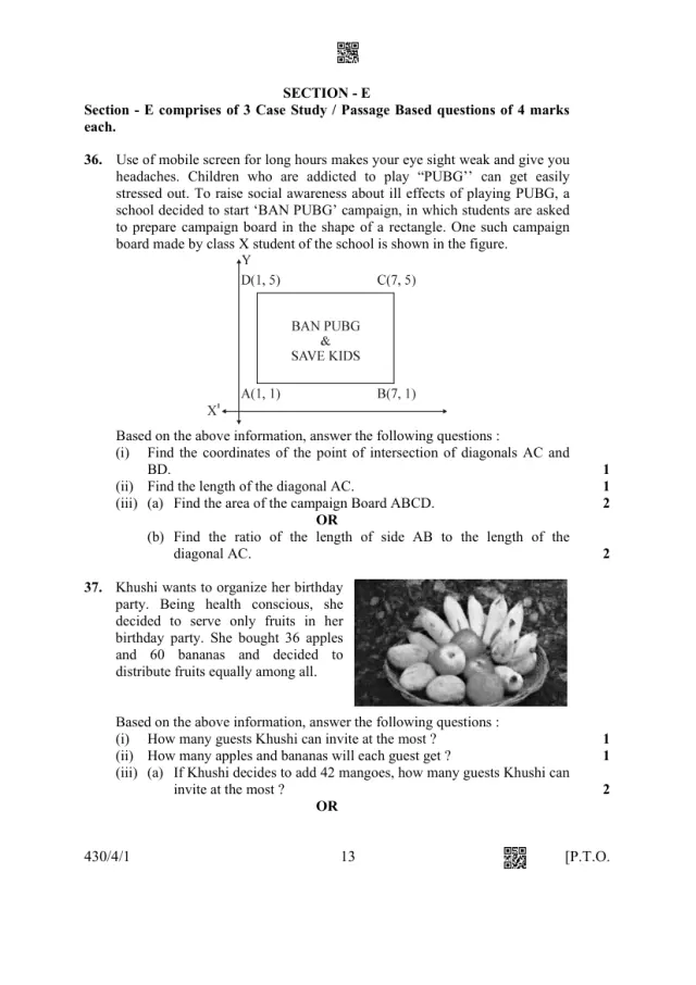 A case study with its figure from the CBSE Class 10 Maths Basic 2023 paper, set 430/4/1