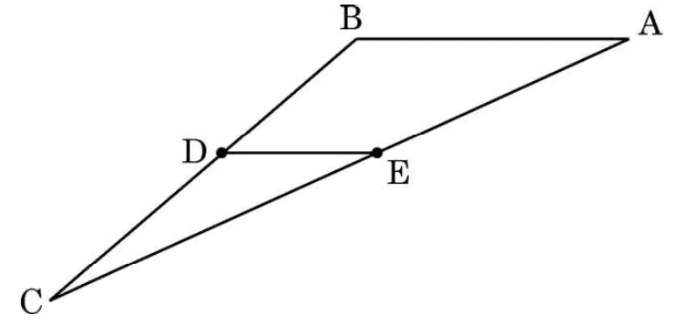 A triangle with B and A at the top, C at the bottom left, and the mid-point line DE drawn parallel to the top side between D on BC and E on AC.