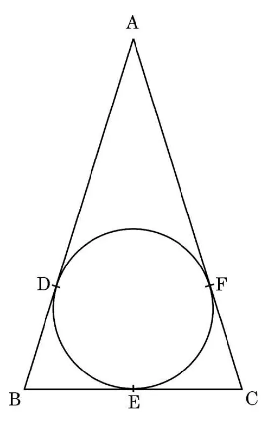 A tall isosceles triangle ABC with a circle inside touching AB at D, AC at F and the base BC at E.