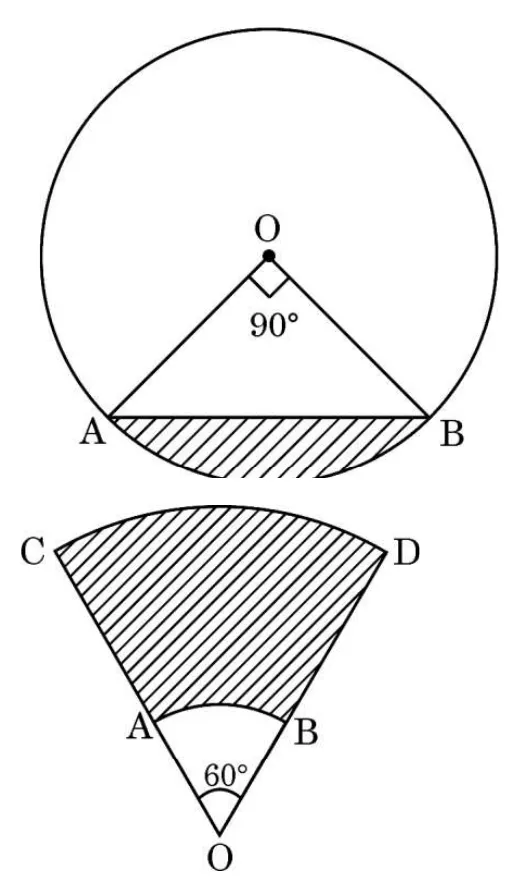 The first figure shows a circle with centre O and a chord AB with the angle AOB marked 90 degrees, with the segment below the chord shaded. The second shows two concentric arcs AB and CD with a 60 degree angle at O and the ring between them shaded.
