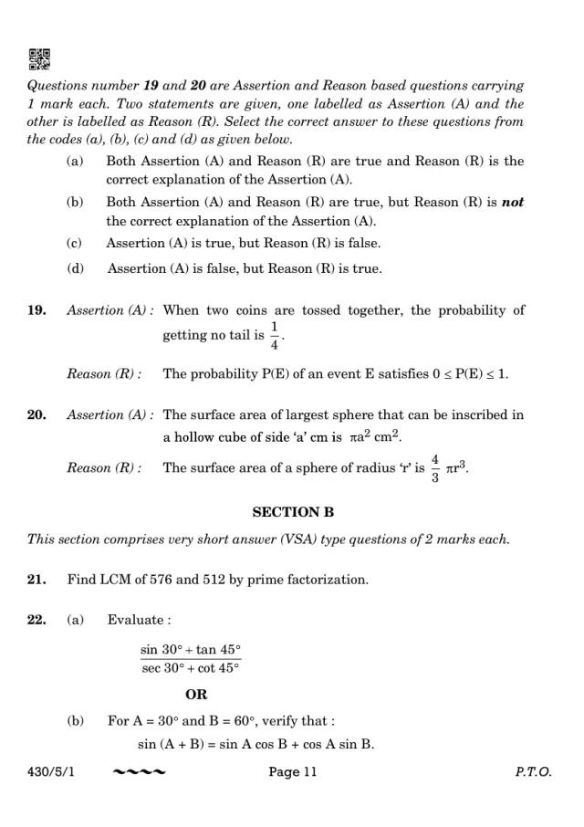Section B of the CBSE Class 10 Maths Basic 2023 paper, set 430/5/1