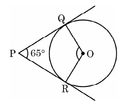 A circle with centre O and two tangents drawn from the outside point P on the left touching it at Q above and R below, with the angle at P marked 65 degrees.