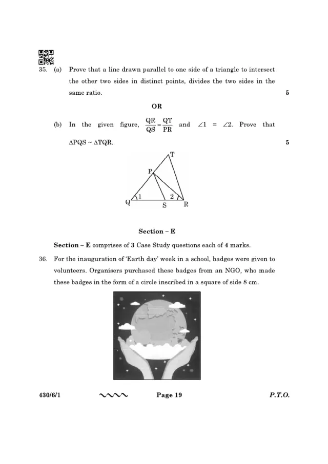 A case study with its figure from the CBSE Class 10 Maths Basic 2023 paper, set 430/6/1