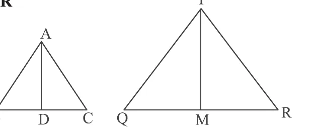 Two triangles side by side. In triangle ABC with the base BC, the median AD joins A to the mid-point D of BC. In triangle PQR with the base QR, the median PM joins P to the mid-point M of QR.