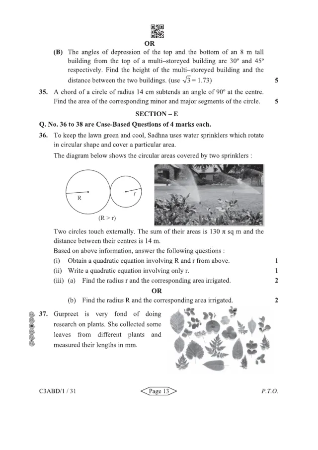 A case study with its figure from the CBSE Class 10 Maths Basic 2024 paper, set 430/1/3