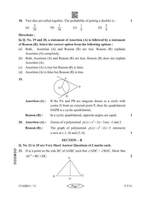 Section B of the CBSE Class 10 Maths Basic 2024 paper, set 430/1/3