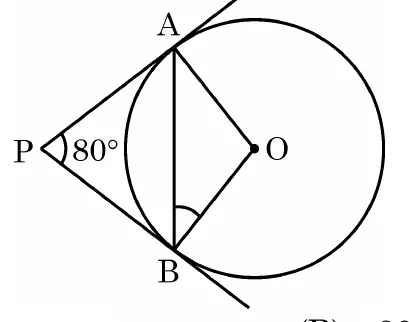 A circle with centre O on the right. Tangents from the outside point P on the left touch the circle at A (top) and B (bottom), with the angle at P marked 80 degrees. The chord AB is drawn and the angle ABO is marked.