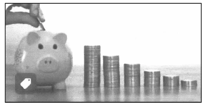A photo of a piggy bank next to growing stacks of coins.