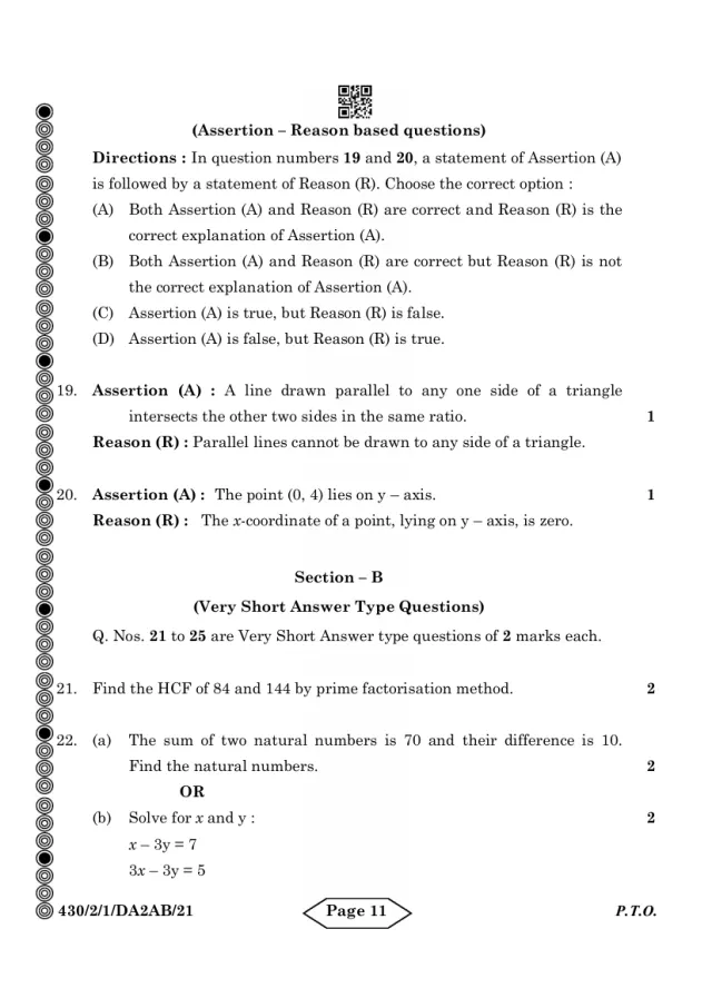 Section B of the CBSE Class 10 Maths Basic 2024 paper, set 430/2/1