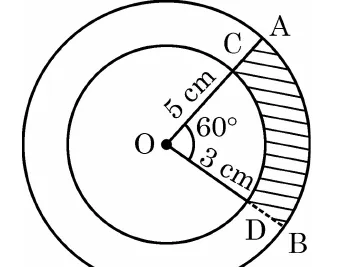 Two concentric circles with centre O. Two radii OA and OB, 60 degrees apart, run out to the outer circle and the shaded band lies between the inner circle arc CD and the outer arc AB.
