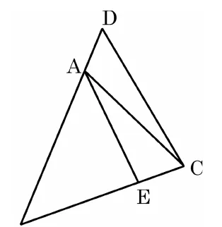 A triangle ABC with B at the bottom left and C on the right. D is above A, joined to C and B, and E is on BC with AE drawn.