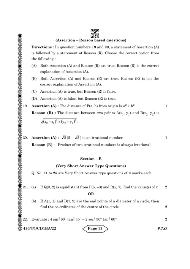 Section B of the CBSE Class 10 Maths Basic 2024 paper, set 430/3/1