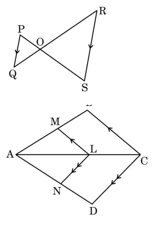 Two figures. First, two parallel segments PQ and RS with the lines PS and QR crossing at O. Second, a quadrilateral ABCD with the diagonal AC, a point L on AC, and the lines LM and LN drawn parallel to CB and CD, with M on AB and N on AD.