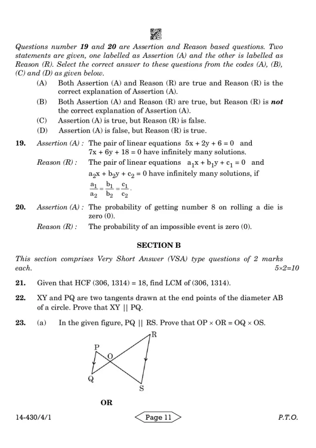 Section B of the CBSE Class 10 Maths Basic 2024 paper, set 430/4/1