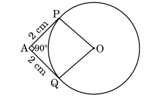 A circle with centre O on the right. From the outside point A on the left two tangents, each marked 2 cm and meeting at 90 degrees, touch the circle at P at the top and Q at the bottom. The radii OP and OQ are drawn.