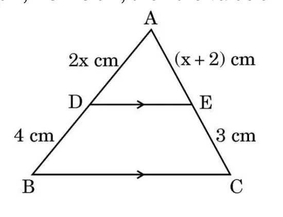 A triangle ABC with A at the top and DE parallel to the base BC. AD is 2x cm, AE is x + 2 cm, DB is 4 cm and EC is 3 cm.