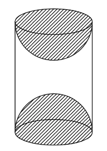 A solid cylinder with a hemispherical hollow scooped out of its top end and another hemispherical bump or hollow at the bottom end, drawn with hatching.