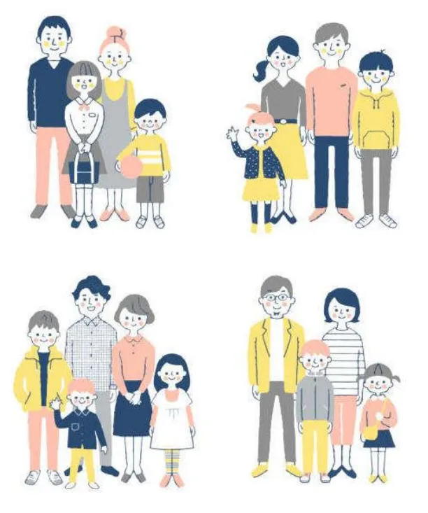 An illustration of four families, each with parents and children drawn in a flat style.