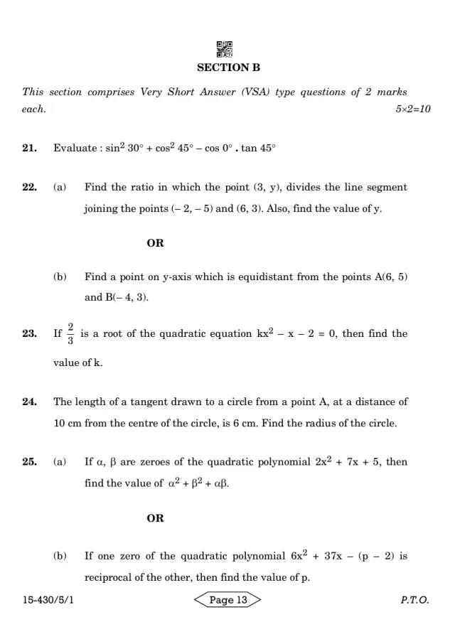Section B of the CBSE Class 10 Maths Basic 2024 paper, set 430/5/1