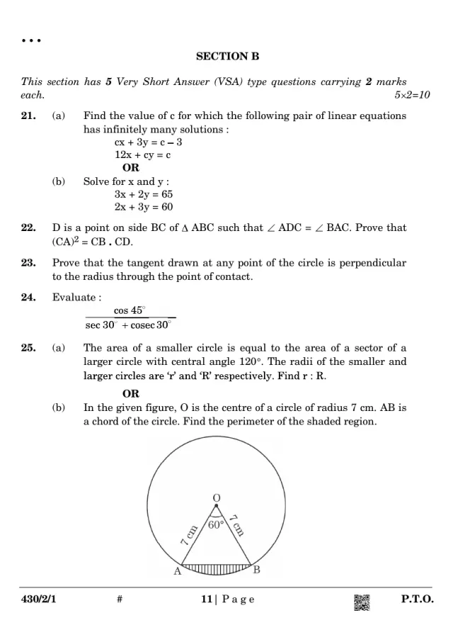 Section B of the CBSE Class 10 Maths Basic 2025 paper, set 430/2/1