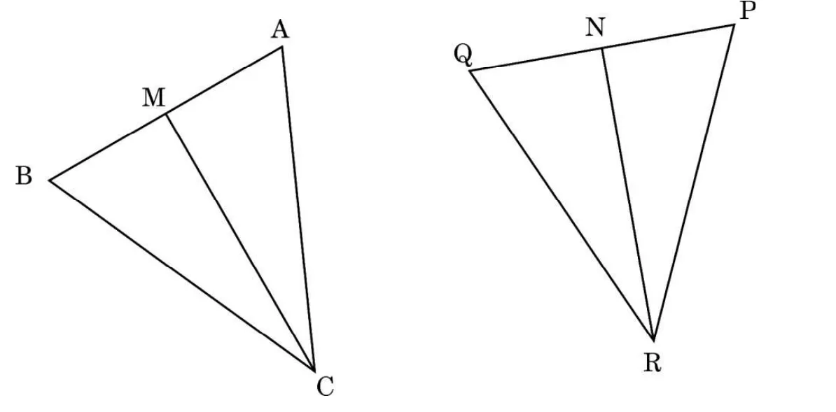 Two triangles side by side. In triangle ABC the median CM is drawn from C to M on AB. In triangle PQR the median RN is drawn from R to N on PQ.