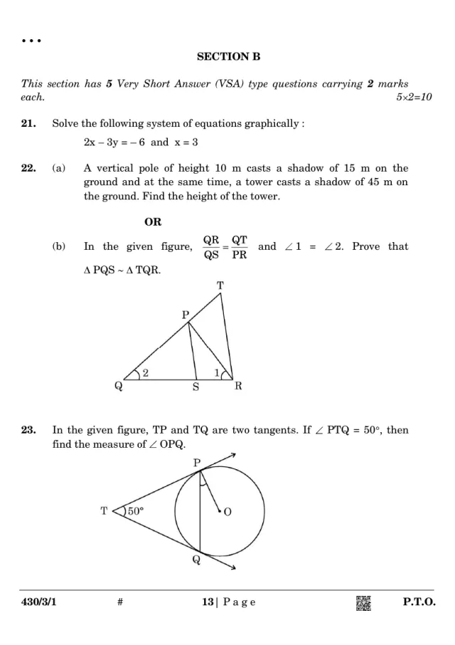 Section B of the CBSE Class 10 Maths Basic 2025 paper, set 430/3/1