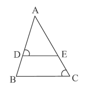 A triangle ABC with a line DE drawn across it, D on AB and E on AC, and the angles ADE and ACB marked.