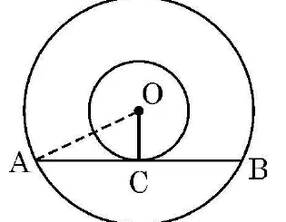 Two concentric circles with centre O. A chord AB of the larger circle touches the smaller circle at C. OA is drawn dashed and OC is drawn to the chord.
