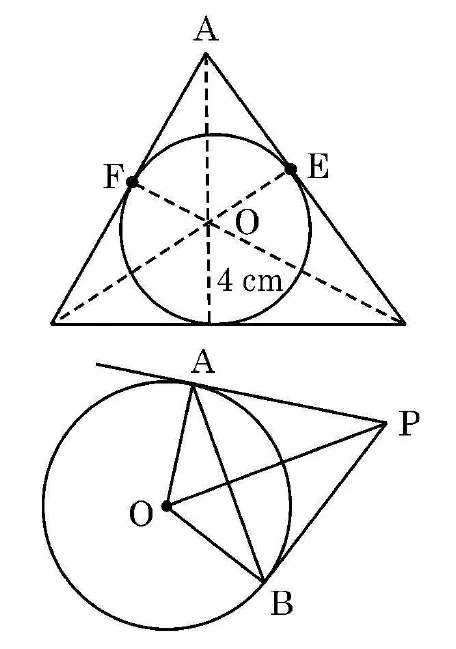 Two figures. First, a triangle ABC drawn around a circle of radius 4 cm with centre O, touching BC at D (BD 6 cm, DC 10 cm) and AC at E and AB at F. Second, a circle with centre O, the tangents PA and PB from P on the right, and the radii OA and OB and the chord AB.