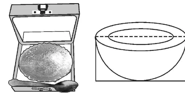 A photo of a steel bowl packed in an open box, and a drawing of a hemispherical bowl resting inside a cuboidal box that it just fits.