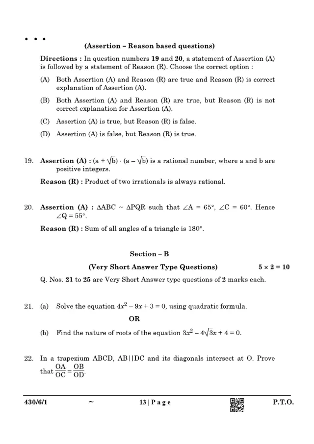 Section B of the CBSE Class 10 Maths Basic 2025 paper, set 430/6/1