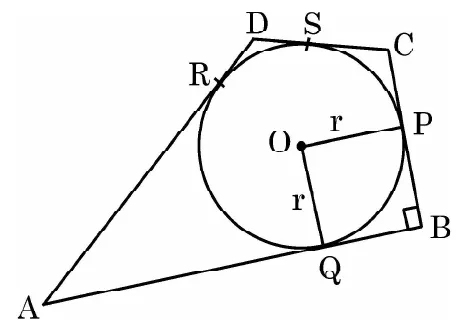 A quadrilateral ABCD with a circle inside touching all four sides. The points of contact are P on BC, Q on AB, R on AD and S on CD. The right angle at B is marked and the radii from O to P and Q are drawn and marked r.