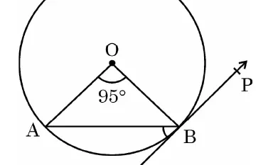 A circle with centre O. The chord AB is drawn with A at the left and B at the right on the circle, and OA and OB are joined with the angle AOB marked 95 degrees. A tangent PQ touches the circle at B.