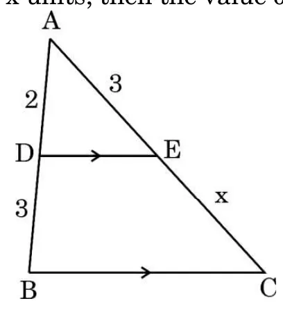 Triangle ABC with a line DE parallel to the base BC. AD is marked 2, DB is 3, AE is 3 and EC is x.