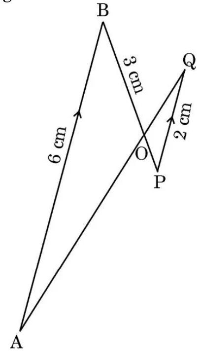 Two lines AQ and BP crossing at O, with AB and PQ drawn parallel to each other, forming two thin triangles. AB is marked 6 cm, PQ 2 cm and OB 3 cm.