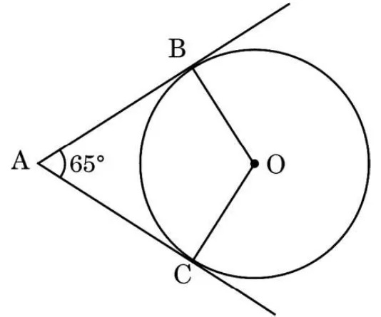 A circle with centre O on the right. Two tangents AB and AC from the point A on the left touch the circle at B (above) and C (below). OB and OC are drawn and the angle BAC is marked 65 degrees.