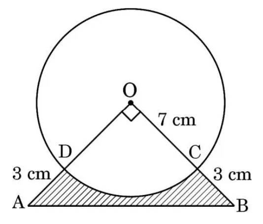 A circle of radius 7 cm with centre O. Lines OA and OB leave O at a right angle, cutting the circle at D and C, with AD and BC each marked 3 cm. The region ABCD below the circle between the line AB and the arc DC is shaded.